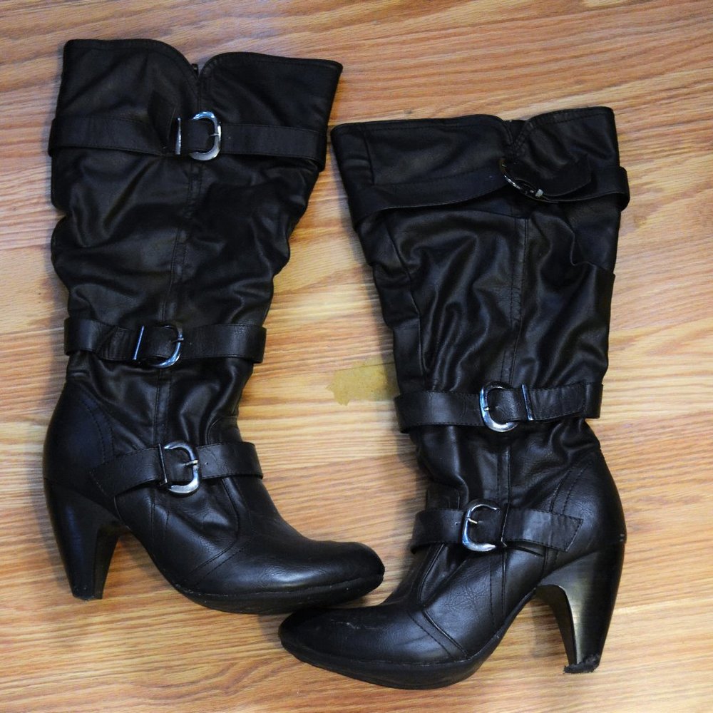 Calf-Length Faux Leather Heeled Boots
